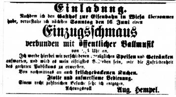 Annonce Einzugsschmaus August Hempel - Kamenzer Zeitung vom 15. Juni 1895 - klein